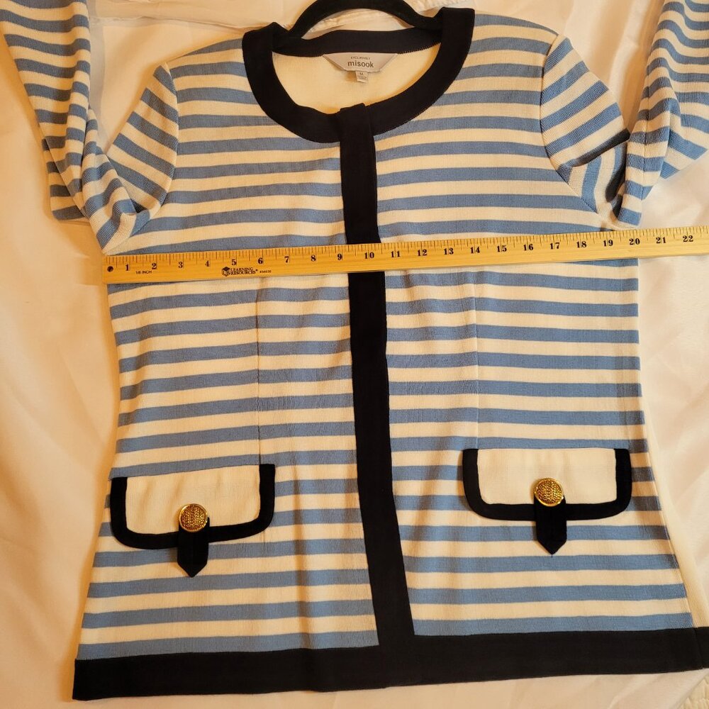 Misook Exclusively Women's Blue and White Stripe Navy Trim Cardigan Medium - Picture 11 of 13